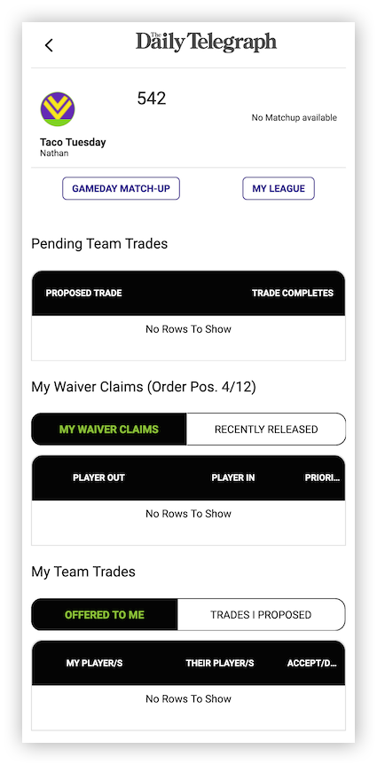 Sidebar mobile screenshot - pending team trades